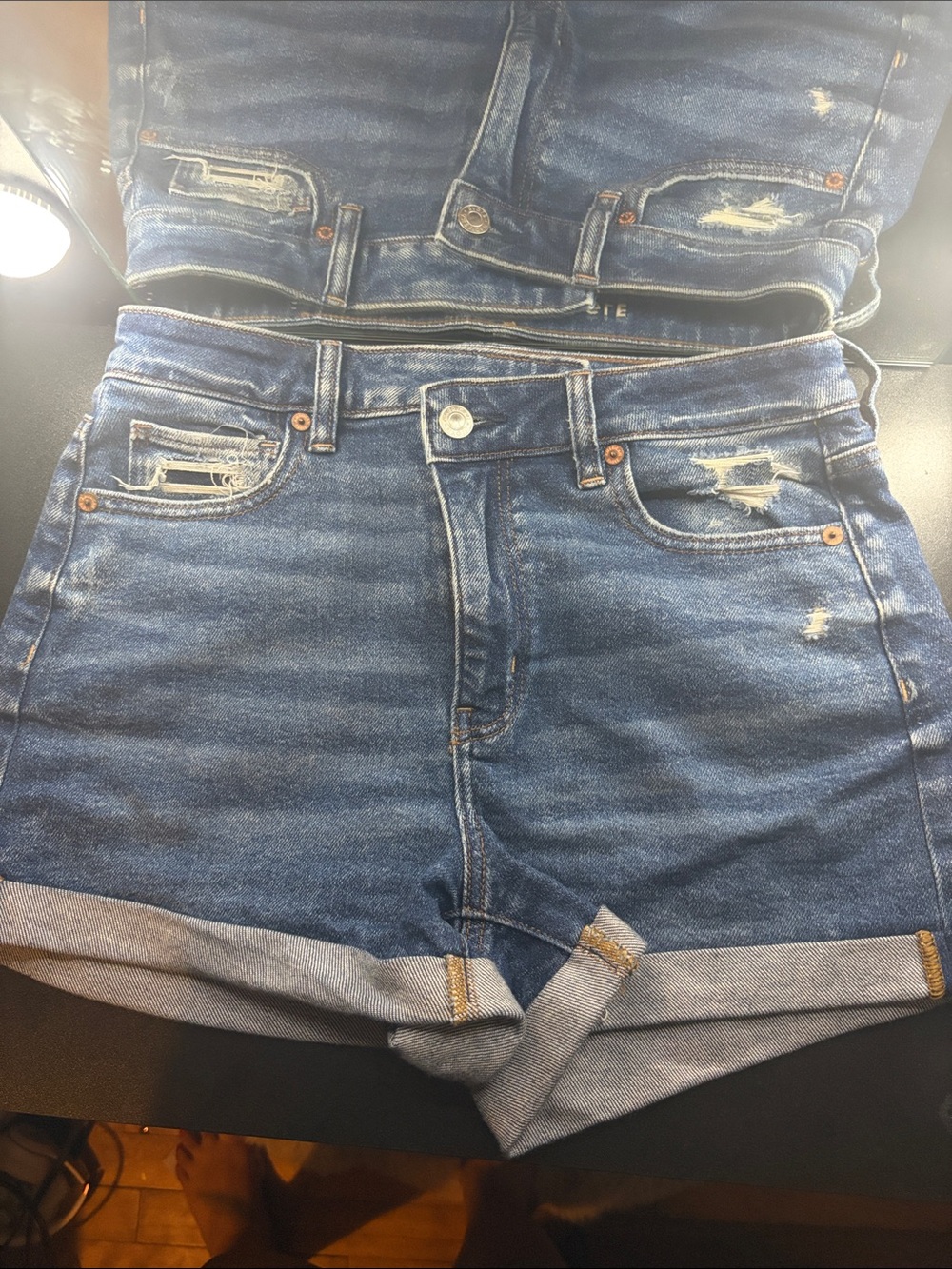 American Eagle Outfitters Dark Blue Distressed Cuffed Jean Shorts